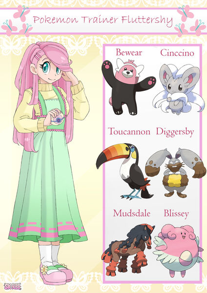 Size: 1920x2716 | Tagged: safe, artist:sk-ree, derpibooru import, fluttershy, blissey, cinccino, diggersby, human, mudsdale, bewear, humanized, image, jpeg, pokémon, solo, toucannon