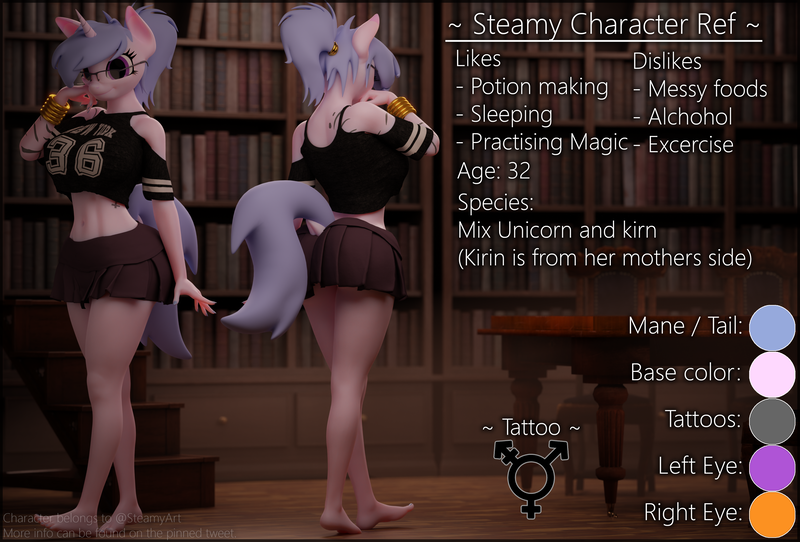 Size: 3840x2600 | Tagged: safe, artist:phenioxflame, derpibooru import, oc, oc:steamy, unofficial characters only, anthro, bookshelf, futa, futa oc, glasses, image, intersex, multiple angles, png, reference sheet, solo, text