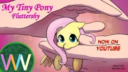 Size: 1280x720 | Tagged: safe, artist:doublewbrothers, derpibooru import, fluttershy, human, pegasus, pony, 2021, hand, image, in goliath's palm, jpeg, micro, my tiny pony, old art, petting, size difference