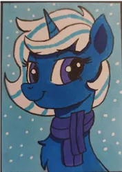 Size: 1993x2822 | Tagged: safe, artist:aking, derpibooru import, oc, oc:snowy smarty, unofficial characters only, pony, unicorn, bust, clothes, image, looking at you, marker drawing, png, portrait, scarf, snow, solo, traditional art