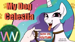 Size: 1280x720 | Tagged: safe, artist:doublewbrothers, derpibooru import, princess celestia, alicorn, human, pony, 2021, behaving like a dog, collar, hand, image, jpeg, leash, old art, open mouth, pony pet, sunmutt, tongue out