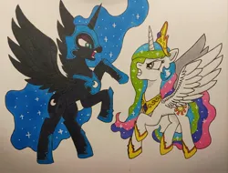 Size: 3889x2956 | Tagged: safe, artist:aking, derpibooru import, nightmare moon, princess celestia, alicorn, pony, image, jpeg, marker drawing, simple background, spread wings, traditional art, white background, wings