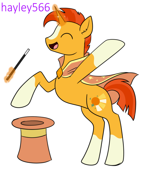 Size: 2313x2562 | Tagged: safe, artist:hayley566, derpibooru import, sunburst, pony, unicorn, series:redemptiverse, alternate hairstyle, alternate universe, cape, clothes, glow, glowing horn, hat, horn, image, magician, male, png, role reversal, simple background, solo, top hat, transparent background, wand