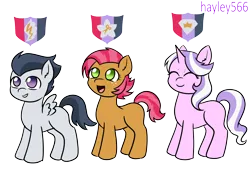 Size: 2240x1528 | Tagged: safe, artist:hayley566, derpibooru import, babs seed, diamond tiara, rumble, earth pony, pegasus, pony, unicorn, series:redemptiverse, alternate universe, female, image, male, png, race swap, simple background, smiling, transparent background, trio
