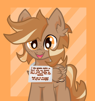 Size: 320x341 | Tagged: safe, artist:foxtrnal, derpibooru import, oc, oc:amber wings, oc:max, unofficial characters only, pegasus, pony, alternate versions at source, ear fluff, frame, freckles, image, male, pegasus oc, png, reddit, sign, solo, stallion, striped background, wings