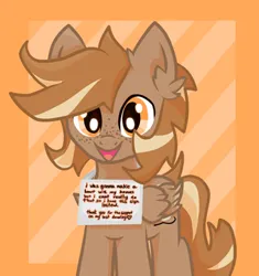 Size: 320x341 | Tagged: safe, artist:foxtrnal, derpibooru import, oc, oc:amber wings, oc:max, unofficial characters only, pegasus, pony, alternate versions at source, ear fluff, frame, freckles, image, male, pegasus oc, png, reddit, sign, solo, stallion, striped background, wings