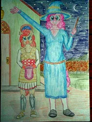 Size: 3072x4096 | Tagged: safe, artist:mildgyth, derpibooru import, pinkie pie, oc, oc:spongecake, anthro, classical hippogriff, hippogriff, mlp fim's twelfth anniversary, ziragshabdarverse, armor, clothes, costume, derpibooru exclusive, dress, hat, image, jpeg, linothorax, moon, night, nightmare night costume, traditional art, wand, witch hat