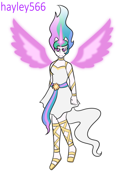 Size: 2000x2720 | Tagged: safe, artist:hayley566, derpibooru import, princess celestia, sunset shimmer, human, series:redemptiverse, equestria girls, alternate universe, artificial horn, artificial wings, augmented, clothes, daydream shimmer, dress, equestria girls-ified, female, horn, image, magic, magic horn, magic wings, png, role reversal, simple background, solo, transparent background, wings