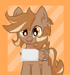 Size: 320x341 | Tagged: safe, alternate version, artist:foxtrnal, derpibooru import, oc, oc:amber wings, oc:max, unofficial characters only, pegasus, pony, alternate versions at source, ear fluff, frame, freckles, image, male, pegasus oc, png, reddit, sign, solo, stallion, striped background, textless version, wings