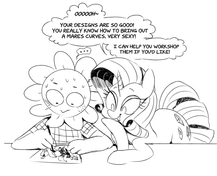 Size: 1736x1412 | Tagged: suggestive, artist:sunibee, derpibooru import, rarity, oc, oc:suni b. sunflower, pony, unicorn, ..., black and white, butt, dialogue, drawing, duo, duo male and female, female, flower, grayscale, image, male, mare, monochrome, nervous, open mouth, open smile, plot, png, shrunken pupils, smiling, speech bubble, sunflower, sweat