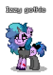 Size: 224x316 | Tagged: safe, artist:dematrix, derpibooru import, izzy moonbow, pony, unicorn, mlp fim's twelfth anniversary, pony town, bedroom eyes, female, g5, goth, goth izzy, halloween, holiday, image, mare, pixel art, png, simple background, text, transparent background