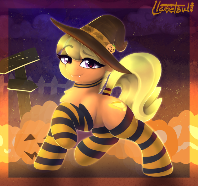 Size: 937x880 | Tagged: safe, artist:llametsul, derpibooru import, ms. harshwhinny, earth pony, pony, mlp fim's twelfth anniversary, choker, clothes, cute, fangs, female, g4, halloween, hat, holiday, image, looking at you, mare, nightmare night, png, pumpkin, signature, socks, solo, stockings, striped socks, thigh highs, witch hat