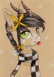 Size: 1024x1444 | Tagged: safe, artist:lailyren, derpibooru import, oc, oc:sound error, unofficial characters only, earth pony, pony, :p, clothes, ear piercing, earth pony oc, flower, flower in hair, horns, image, jewelry, jpeg, piercing, scarf, solo, tongue out