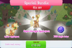 Size: 1267x854 | Tagged: safe, derpibooru import, official, applejack, earth pony, pony, robot, robot pony, antennae, applebot, bundle, camera, costs real money, duality, english, female, gameloft, height difference, image, jpeg, magic coins, mare, numbers, roboticization, sale, solo, solo focus, text
