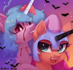 Size: 2000x1900 | Tagged: safe, artist:anku, derpibooru import, izzy moonbow, nightmare moon, sunny starscout, unicorn, mlp fim's twelfth anniversary, my little pony: tell your tale, spoiler:g5, bust, clothes, cosplay, costume, eye clipping through hair, fangs, g5, horn, image, nightmare moon armor, nightmare night costume, nightmare sunny, open mouth, png, portrait