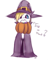 Size: 725x910 | Tagged: safe, artist:anonymous, oc, oc:aryanne, unofficial characters only, pony, /mlp/, cloak, clothes, costume, female, halloween, holiday, image, jpeg, mare, nightmare night, pumpkin, simple background, solo, trick or treat, white background, witch