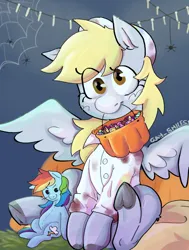 Size: 1152x1527 | Tagged: safe, artist:gay_smilesss, derpibooru import, derpy hooves, rainbow dash, pegasus, pony, spider, fanfic:rainbow factory, clothes, costume, fake blood, fanfic art, halloween, halloween costume, holiday, image, plushie, png, sitting, trick or treat