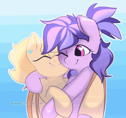 Size: 720x676 | Tagged: safe, artist:angrylittlerodent, derpibooru import, oc, oc:marshmallow love, oc:pudding, unofficial characters only, bat pony, animated, cuddling, cute, ear piercing, earring, freckles, gif, gradient background, half body, hug, image, jewelry, nuzzling, one eye open, piercing, ponytail, smiling, snuggling, winghug, wings