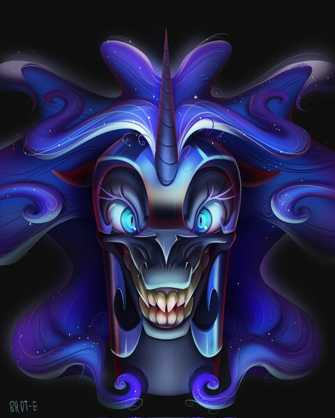 Size: 1638x2048 | Tagged: safe, artist:brdte, derpibooru import, nightmare moon, alicorn, pony, bust, creepy, creepy smile, female, grin, image, jpeg, looking at you, mare, sharp teeth, signature, smiling, smiling at you, solo, teeth, unitinu