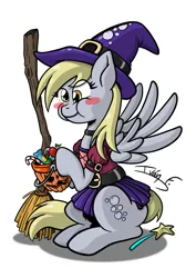 Size: 3508x4961 | Tagged: safe, artist:memprices, derpibooru import, derpy hooves, pegasus, pony, mlp fim's twelfth anniversary, apple, belt, blush sticker, blushing, broom, candy, christmas candy cane, clothes, cross-eyed, cute, derpabetes, food, hat, high res, image, munching, png, pumpkin bucket, simple background, sitting, skirt, spread wings, wand, white background, wings, witch costume, witch hat