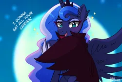 Size: 1920x1305 | Tagged: safe, artist:tsudashie, derpibooru import, princess luna, alicorn, undead, vampire, vampony, mlp fim's twelfth anniversary, clothes, fangs, halloween, holiday, image, jewelry, looking at you, moon, night, png, robe, smiling, sparkles, spread wings, text, wings