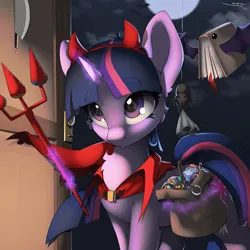 Size: 3000x3000 | Tagged: safe, artist:skitsniga, derpibooru import, twilight sparkle, pony, spider, bag, book, candy, chloroform, clothes, costume, devil horns, eyebrows, eyebrows visible through hair, food, halloween, halloween costume, holiday, horns, image, magic, png, solo, telekinesis, trident