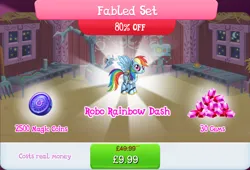 Size: 1268x860 | Tagged: safe, derpibooru import, official, rainbow dash, pegasus, pony, robot, robot pony, antennae, bundle, camera, costs real money, english, fan, female, gameloft, gem, image, jpeg, magic coins, mare, numbers, rainbot dash, roboticization, sale, solo, solo focus, spread wings, text, wings