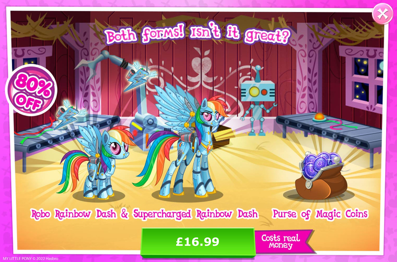 Size: 1961x1295 | Tagged: safe, derpibooru import, official, rainbow dash, pegasus, pony, robot, robot pony, fallout equestria, advertisement, antennae, camera, costs real money, crossover, duality, english, fan, female, gameloft, height difference, image, jpeg, magic coins, mare, numbers, rainbot dash, roboticization, sale, spread wings, text, wings