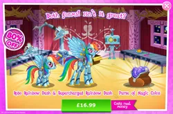Size: 1961x1295 | Tagged: safe, derpibooru import, official, rainbow dash, pegasus, pony, robot, robot pony, fallout equestria, advertisement, antennae, camera, costs real money, crossover, duality, english, fan, female, gameloft, height difference, image, jpeg, magic coins, mare, numbers, rainbot dash, roboticization, sale, spread wings, text, wings