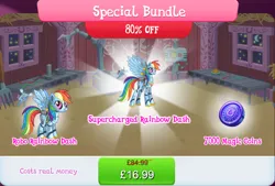 Size: 1270x858 | Tagged: safe, derpibooru import, official, rainbow dash, pegasus, pony, robot, robot pony, antennae, bundle, camera, costs real money, duality, english, fan, female, gameloft, height difference, image, jpeg, magic coins, mare, numbers, rainbot dash, roboticization, sale, spread wings, text, wings