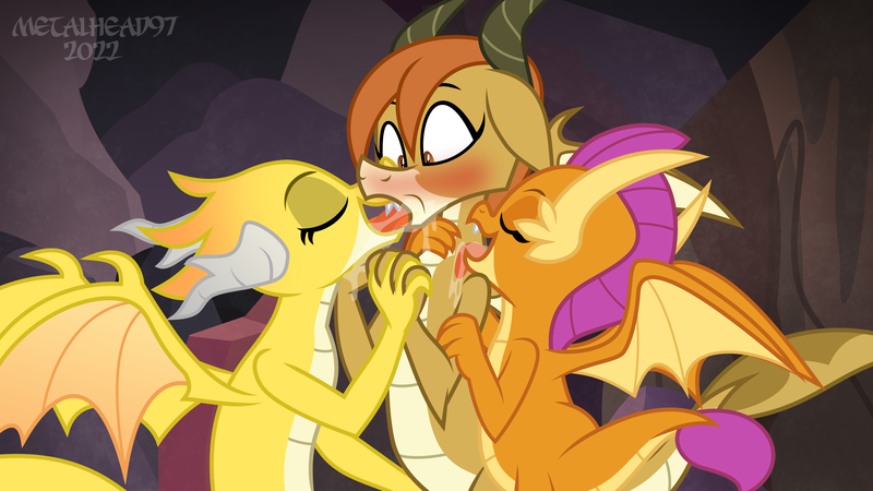 Size: 8000x4500 | Tagged: safe, artist:metalhead97, derpibooru import, ocellus, smolder, oc, oc:scripture, dragon, blushing, butt, canon x oc, disguise, disguised changeling, dragon lands, dragon ocellus, dragoness, drool, enjoying, eyes closed, female, females only, floppy ears, french kiss, holding hands, image, kissing, lesbian, licking, lidded eyes, neck licking, png, shipping, show accurate, smolderriere, strategically covered, surprise kiss, tongue out, tongue play, trio, trio female
