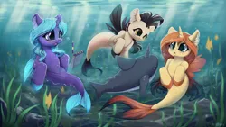 Size: 3570x2008 | Tagged: safe, artist:hitbass, derpibooru import, oc, oc:eleane tih, oc:mayata, oc:sheron, unofficial characters only, fish, narwhal, pony, seapony (g4), blue eyes, bubble, crepuscular rays, female, fin wings, fins, fish tail, flowing mane, flowing tail, high res, horn, image, looking at each other, male, notebook, open mouth, pencil, png, purple eyes, research, seaweed, species swap, sunlight, swimming, tail, trio, underwater, water, wings, yellow eyes