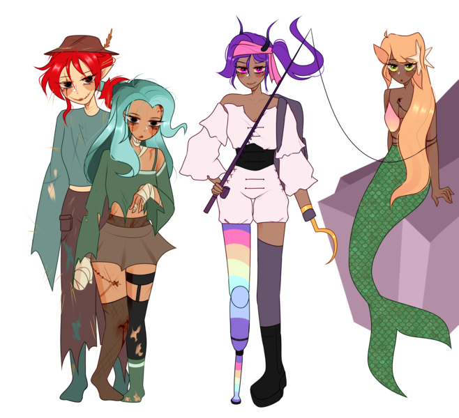 Size: 6912x6300 | Tagged: safe, artist:idkhesoff, derpibooru import, oc, oc:doodles, oc:iris sparkler, oc:oodles, oc:spring mint, unofficial characters only, human, mermaid, starfish, undead, zombie, absurd resolution, alternate hairstyle, amputee, bandage, bandana, bikini, blood, blushing, boots, bra, bra strap, clothes, corset, costume, denim, elf ears, feather, female, fishing hook, fishing rod, grin, halloween, halloween costume, hat, hay, holiday, hook, hook hand, horn, horned humanization, humanized, humanized oc, image, jeans, midriff, pants, peg leg, pirate, png, prosthetic leg, prosthetic limb, prosthetics, ripped stockings, rock, scar, scarecrow, shirt, shoes, shorts, simple background, skirt, smiling, socks, stitches, stockings, straw, swimsuit, thigh highs, torn clothes, torn socks, transparent background, underwear, wall of tags
