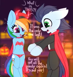 Size: 1267x1341 | Tagged: suggestive, artist:omi, derpibooru import, rainbow dash, soarin', pegasus, semi-anthro, backwards cutie mark, belly button, bikini, blushing, cape, clothes, comic, costume, dialogue, duo, duo male and female, female, halloween, holiday, image, male, nightmare night costume, png, swimsuit, vampire costume