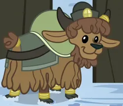 Size: 380x328 | Tagged: safe, derpibooru import, screencap, yak, party pooped, calf, cropped, dot eyes, female, hat, horns, image, looking at you, png, short tail, snow, solo, tail, yak calf, yona's sister