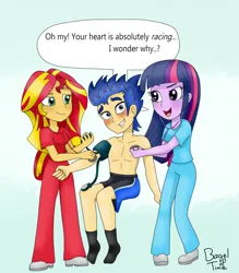 Size: 2173x2477 | Tagged: safe, artist:bageloftime, derpibooru import, flash sentry, sunset shimmer, twilight sparkle, equestria girls, blushing, checkup, clothes, commission, image, jpeg, nurse, partial nudity, scrubs (gear), shorts, speech bubble, sphygmomanometer, stethoscope, topless