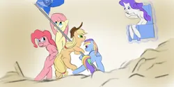 Size: 1366x685 | Tagged: safe, artist:mrabrickwall, derpibooru import, applejack, fluttershy, pinkie pie, rainbow dash, rarity, earth pony, pegasus, pony, unicorn, female, flag, image, levitation, magic, mare, mouth hold, png, sitting, telekinesis