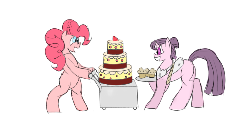 Size: 1366x685 | Tagged: safe, artist:mrabrickwall, derpibooru import, pinkie pie, sugar belle, earth pony, pony, unicorn, bipedal, cake, cupcake, duo, female, food, image, mare, png, simple background, white background