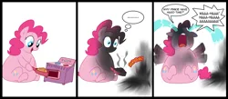 Size: 1700x743 | Tagged: safe, artist:diablo2000, derpibooru import, pinkie pie, chubby, crying, epic fail, explosion, fail, fat, image, obese, oven, piggy pie, png, pudgy pie