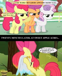 Size: 1280x1568 | Tagged: safe, derpibooru import, edit, edited screencap, screencap, apple bloom, scootaloo, sweetie belle, flight to the finish, the cutie mark chronicles, apple bloom's bow, bow, bucket, comic, dialogue, hair bow, image, implied rarity, mane bow, noodle incident, playground, png, punctuation error, screencap comic, speech bubble, sweet apple acres, text, tree, tree sap and pine needles, washcloth