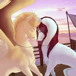Size: 1280x1280 | Tagged: safe, artist:clouris, derpibooru import, oc, unofficial characters only, earth pony, pegasus, pony, deviantart watermark, earth pony oc, female, image, jewelry, jpeg, male, mare, necklace, nuzzling, obtrusive watermark, outdoors, pegasus oc, stallion, watermark, wings