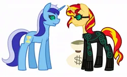 Size: 1024x627 | Tagged: safe, artist:calibykitty, derpibooru import, minuette, sunset shimmer, oc, oc:mez-mare-a, bag, goggles, hypnosis, hypnotized, image, jpeg, money bag, spy catsuit, swirly eyes, thief