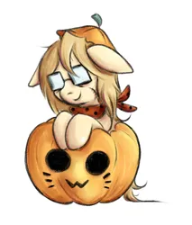 Size: 1490x1748 | Tagged: safe, artist:coco-drillo, derpibooru import, oc, oc:cocodrillo, earth pony, pony, :3, clothes, commission, floppy ears, glasses, hat, image, looking at you, messy mane, png, pumpkin, scar, scarf, simple background, smiling, solo, white background, ych example, ych result, your character here