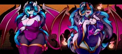 Size: 4096x1829 | Tagged: suggestive, alternate version, artist:canvymamamoo, derpibooru import, oc, oc:canvy, unofficial characters only, anthro, succubus, undead, :p, abstract background, bedroom eyes, belly button, big breasts, breasts, chest fluff, chubby, cleavage, clothes, costume, duo, ear fluff, eyeshadow, fangs, female, glasses, gloves, hair bun, halloween, halloween costume, heart, heart eyes, holiday, horns, huge breasts, image, jiangshi, jpeg, leotard, long gloves, long nails, looking at you, makeup, open mouth, pantyhose, paper talisman, peytral, plump, self paradox, self ponidox, smiling, smug, socks, spread wings, stockings, thigh highs, tongue out, wide hips, wingding eyes, wings