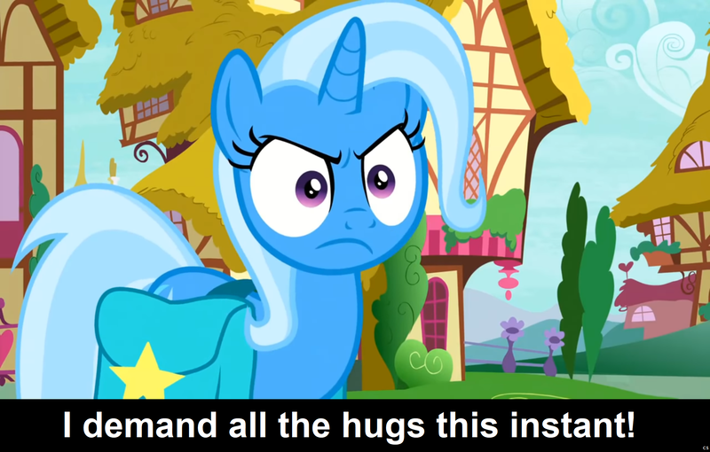 Size: 1920x1223 | Tagged: safe, derpibooru import, screencap, trixie, pony, unicorn, student counsel, angry, bag, caption, cs captions, demanding, female, hugs needed, image, image macro, impatient, mare, png, ponyville, saddle bag, text, trixie is not amused, unamused