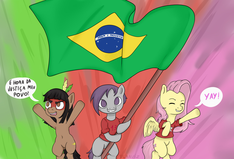 Size: 2500x1700 | Tagged: safe, artist:ulaaviz, derpibooru import, fluttershy, oc, oc:kuruminha, earth pony, pegasus, pony, bipedal, brazil, brazilian portuguese, derpibooru exclusive, image, jpeg, partido dos trabalhadores, politics, portuguese, speech bubble