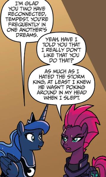 Size: 750x1257 | Tagged: safe, artist:tonyfleecs, derpibooru import, idw, princess luna, tempest shadow, alicorn, pony, unicorn, nightmare knights, spoiler:comic, dialogue, duo, female, g4, image, jpeg, mare, speech bubble