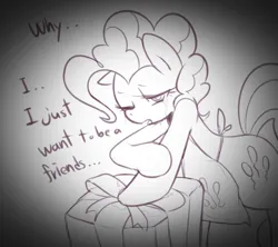 Size: 1000x887 | Tagged: safe, artist:maren, derpibooru import, pinkie pie, earth pony, pony, apron, clothes, crying, dialogue, doodle, engrish, female, image, leaning, looking at you, mare, one eye closed, png, present, sad, solo
