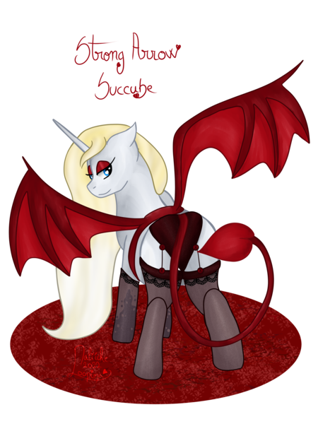 Size: 3000x4000 | Tagged: safe, artist:loopina, derpibooru import, oc, oc:strong arrow, pony, succubus, unicorn, clothes, cosplay, costume, deying, female, image, lingerie, mare, png, pocctober, ponysona, simple background, solo, transparent background