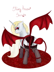 Size: 3000x4000 | Tagged: safe, artist:loopina, derpibooru import, oc, oc:strong arrow, pony, succubus, unicorn, clothes, cosplay, costume, deying, female, image, lingerie, mare, png, pocctober, ponysona, simple background, solo, transparent background